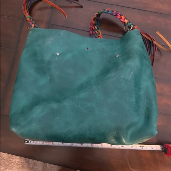 Vibrant Teal Bag from 852leathershop with Multicolor Braided Strap and hearts - Picture 4 of 4